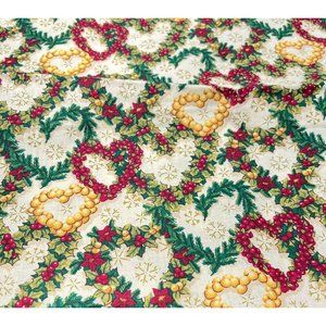 Christmas Heart Wreath Fabric Remnant with Poinsettia Accents Quilting Crafting